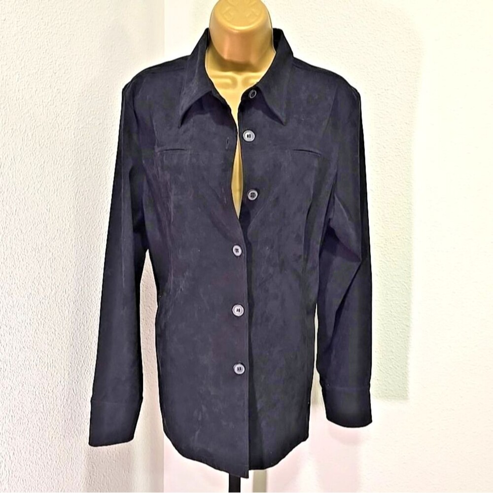 Vintage Y2K Express Black Shirt Womens Lg Button Stretch Faux Suede Grunge Rock